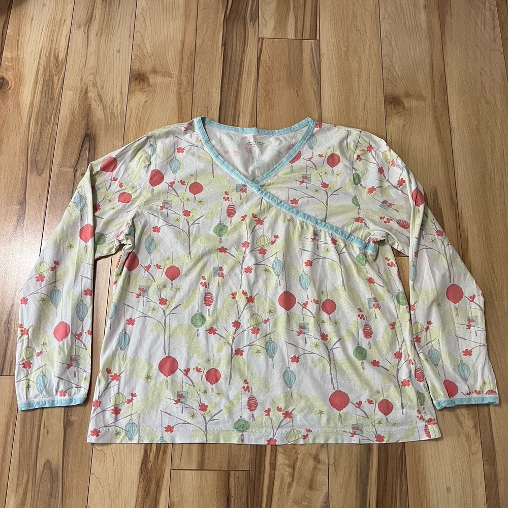 Garnet Hill Green Cotton Asian Wrap Pajama Top Sz L Long Sleeve Lantern Print